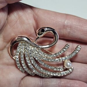 ZF Rose Gold Tone Clear Rhinestone Swan Brooch With Faux Pearl